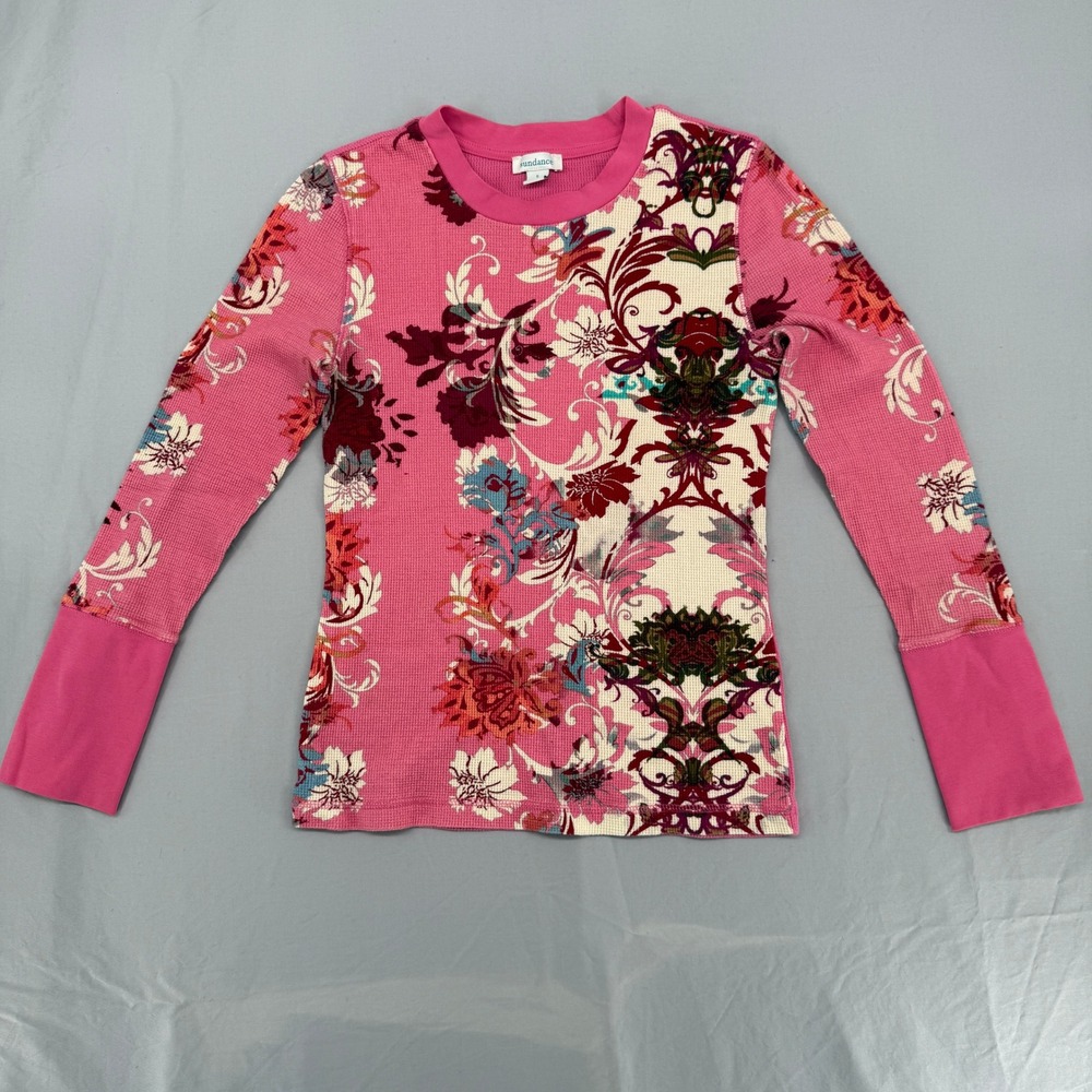 Sundance‎ Pink Floral Damask Waffle Knit Thermal Top Velvet Button Cuff Small